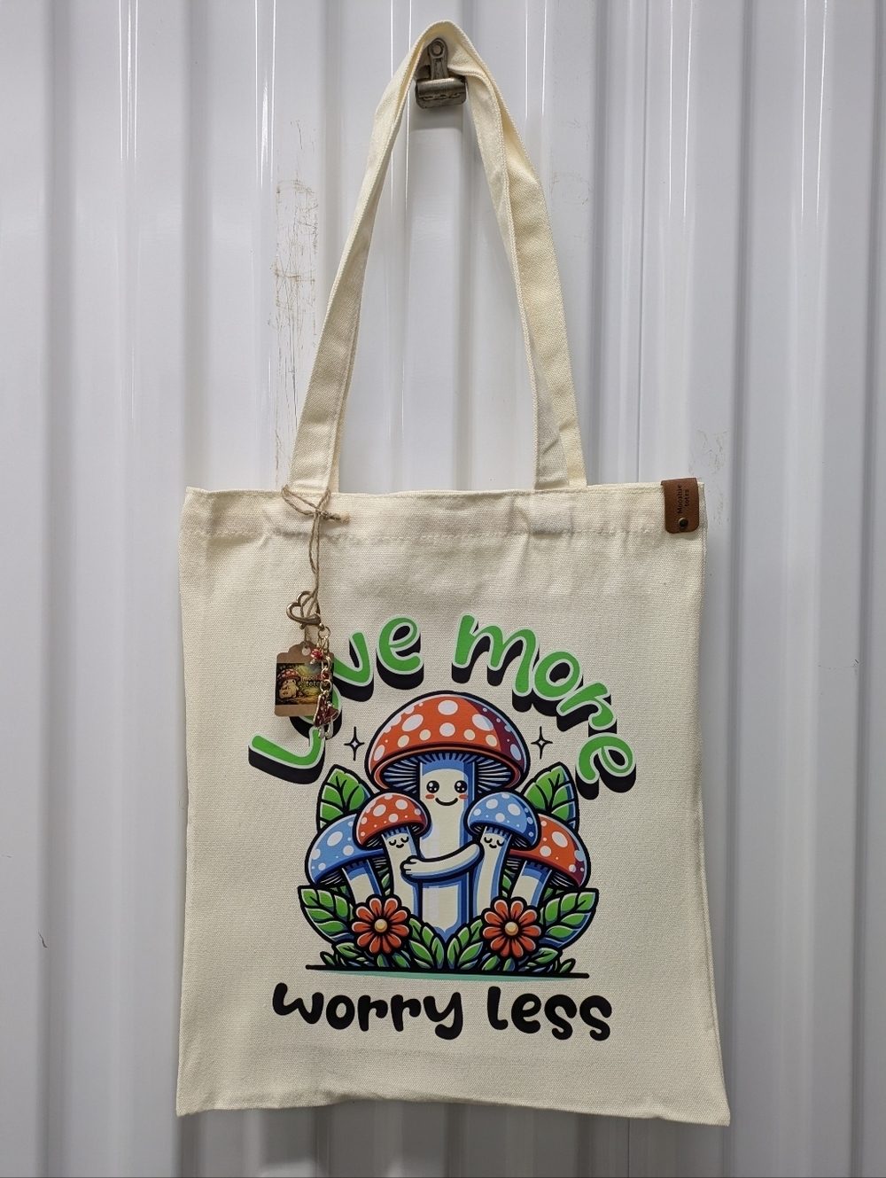Mooshie Totes Live More Worry Less Mushroom Tote - Cream Canvas